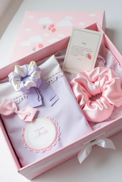  Description of the contents and packaging :

 A style headband Lolita designed with a base lined in white satin .  It has a white lace detail around ,  decorated with two large ribbons in pastel colors  (pink or lilac )  placed on the upper ends .
 A lila...