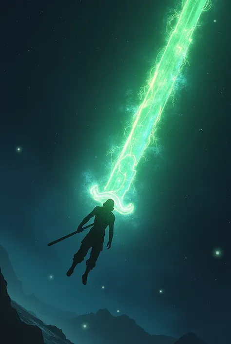 I want you to make a small person floating in space holding a gigantic sword, green energy sword with blue rays.