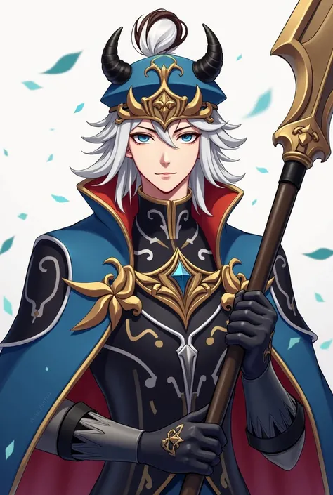 Has white hair with dark brown accents, tied up in a bun at the back.

Wears a blue crown with elegant golden accents on top of his head, accompanied by two small horns protruding from the sides.

Dressed in a combination of blue, black, and red, featuring...