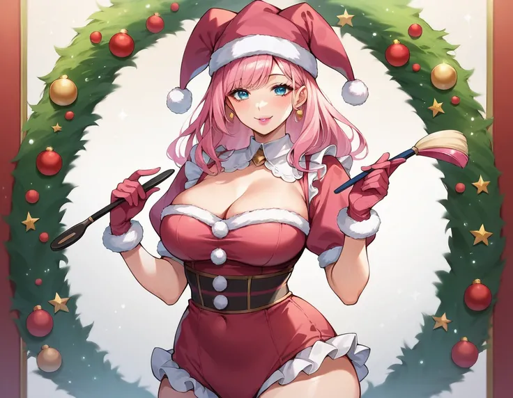 CHRISTMAS, holding hairbrush,(masterpiece, best quality:1.2), 1girl, solo, pink lipstick, long pink hair, waist length hair, hair down to waist, blue eyes, pink gloves, puffy sleeves, curvy, pink jester cap, bangs, expressive eyes, perfect face, anime styl...