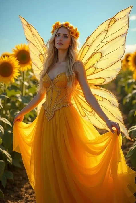  the Sunflower Fairy, a radiant being who captures the essence of summer. Her floor-length intricate gown is crafted from flowing silk and tulle in vibrant shades of golden yellow and amber with matching accessories. The bodice is intricately embroidered w...