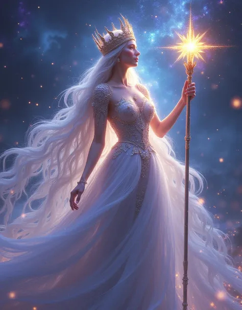 (In the foreground, a radiant ethereal royal  fantasy delicate face goddess stands, her ethereal form adorned with intricate, shimmering ornaments that twinkle like stars on her celestial skin. Her hair super flows like liquid silver, interlaced with shimm...