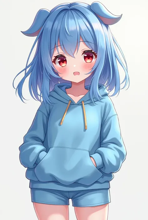  cute realistic female anime blue hair and blue locks clothing hoodie and shorts short height 1,61 red eyes  