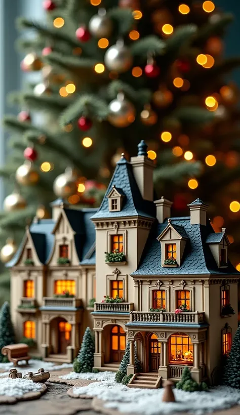  miniature houses under the branches of the Christmas tree、Miniatures are nice houses in Paris 、 Christmas ornaments on the tree 、 antique interior、 real