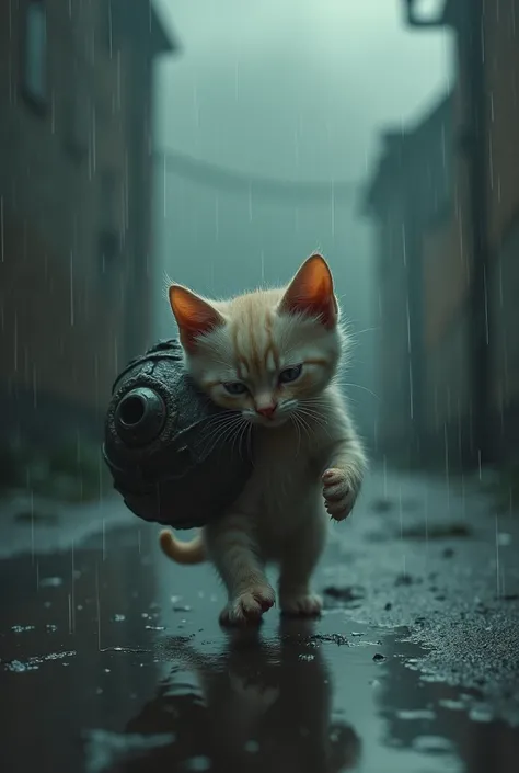 Very sad kitten working in the rain carrying weight with a sad face 