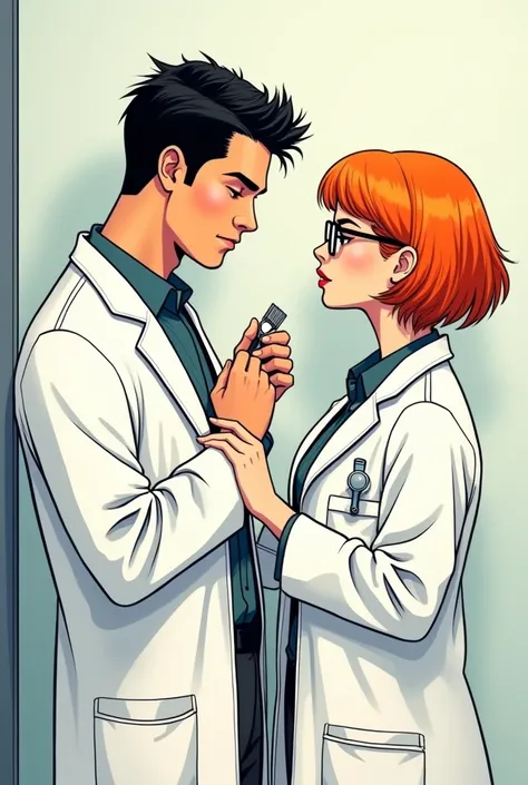 Characters from HQ , a couple,  the man with short black hair grooming ,  the woman with short orange hair wearing glasses,  and both wearing a white coat , Comic book version 