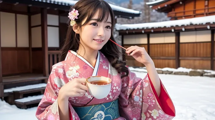 (( top quality)), ((masterpiece)), ( Details), 1girl, Im wearing a winter kimono, sexy,Japanese New Year scenery、 there is Kadomatsu 、There is tea 、遠くに富士山などが見えるJapanese New Year scenery