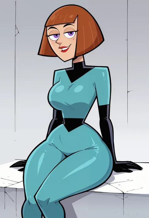 score_9, score_8_up, score_7_up, score_6_up, source_anime, 1girl, portrait, purple eyes, shadow, m_fenton, Maddie Fentom, seductive pose, auburn hair, wide hips, big breasts, big ass, thick thighs, bob cut, sitting, blue rubber jumpsuit, black gloves, red ...