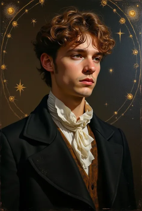 "A Renaissance-style painting inspired by Caravaggio, oil painting on canvas, featuring a young man with short, curly, chestnut-brown hair and fair skin, dressed in aristocratic attire. The scene is illuminated with dramatic chiaroscuro lighting, highlight...