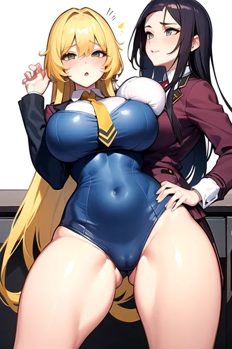 lesbian (very long loose yellow hair)( big breasts,  big thighs)(with school uniform clothes it is very tight) that he is kissing and touching his parts at school with his girlfriend(that they are in a very sexy and compromising position with their girlfri...