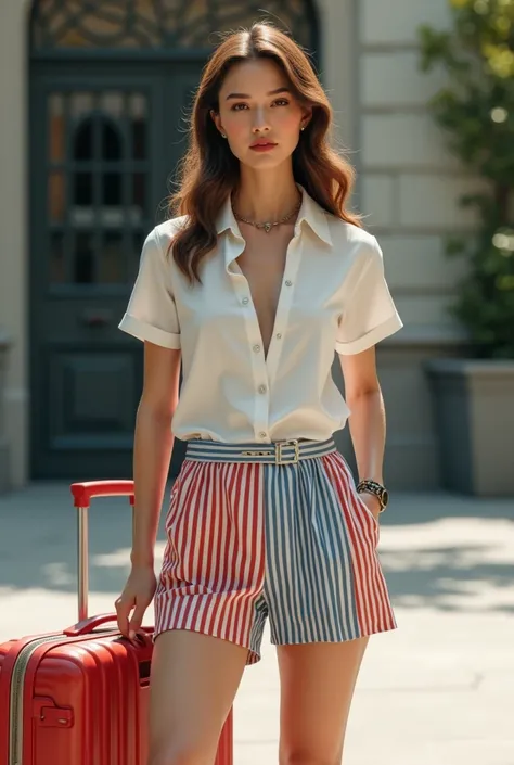 A feminine look with shorts with a light red stripe and a dress blouse with a light blue stripe on the bottom of the short off white and with suitcases thin vertical stripes light red 