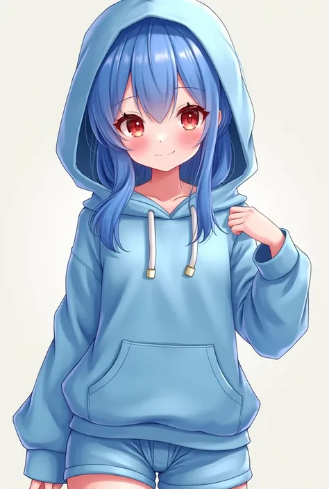  cute realistic female anime blue hair and blue locks clothing hoodie and shorts short height 1,61 red eyes  