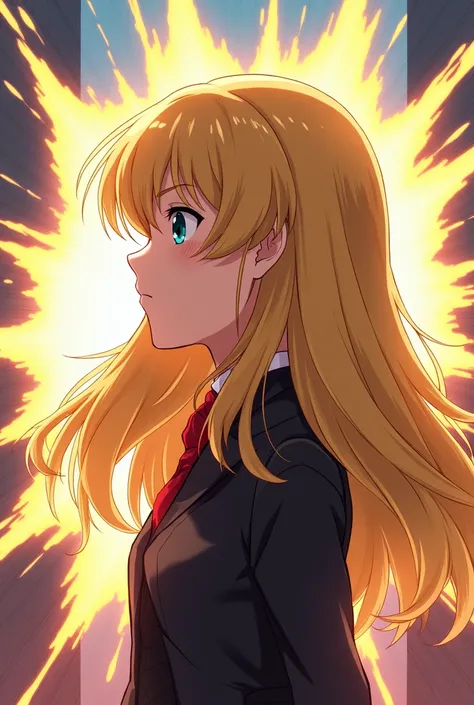 Blonde girl with a left profile in the style of Boku no hero academy