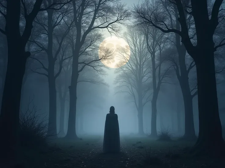 "Imagine a vast, darkened forest bathed in the soft glow of a distant full moon. In the center of the scene, a lone figure stands, looking upward, as the winds softly rustle the ancient trees. The atmosphere is thick with energy, as faint whispers of voice...