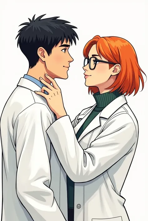 Characters from HQ , a couple,  the man with short black hair grooming ,  the woman with short orange hair wearing glasses,  and both wearing a white coat , Comic book version,  in front  