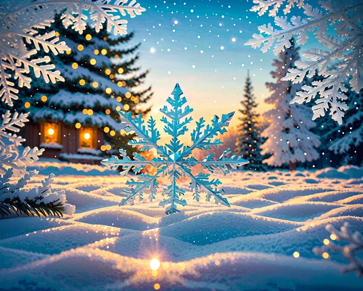  A stunning and intricate scene featuring delicate ice crystals and snowflake patterns set against a magical Christmas backdrop. The design includes highly detailed, symmetrical snowflakes in various sizes, shimmering in soft light. The color palette consi...