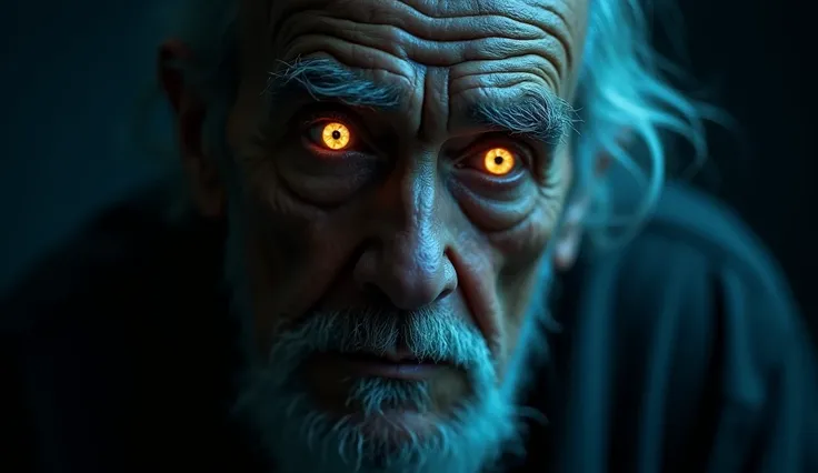  a wise old man looking at the camera up close only his serious face with determination in his eyes, illuminated by the camera ,  Cinematic, At night color of the image filter blue sad as if it were cloudy , realistic, I&#39;m 8k