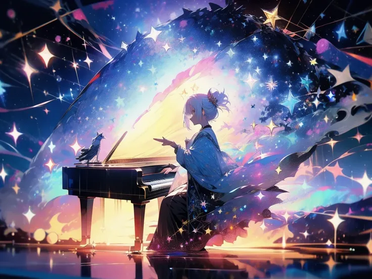 White-haired Anime girl playing piano under starry sky, sparkling sculptures , detailed pieces , captivating 