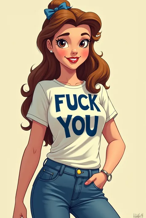 The cartoon of the Disney beauty wearing a t-shirt what does fuck you say