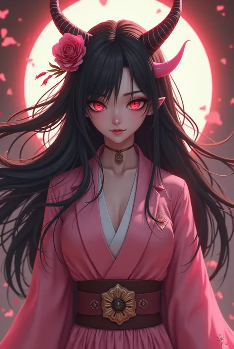 Nesuko Demon girl with long hair in Japanese and pink clothing 

