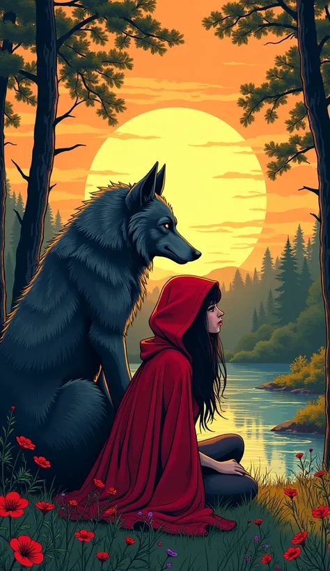 1980s comic book style illustration of a serene forest clearing at sunset. The Big Bad Wolf, a massive wolf standing on two elegant legs with sharp features, intelligent eyes, and dark fur  and Red Riding Hood, a young woman with raven hair and a confident...