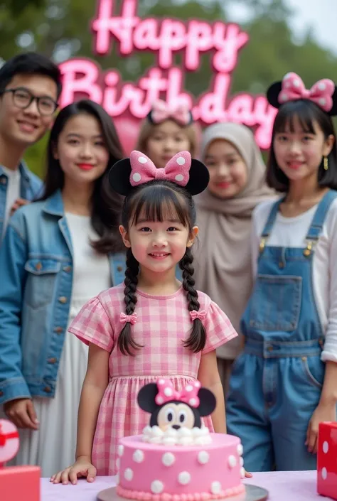 Photography a birthday party with the theme of Minnie mouse. In the middle of the picture, there is a cute korean girl , wearing a pink plaid dress, black hair braided in two and Minnie mouse bands , and flanked on the right 2 korean handsome man they are ...