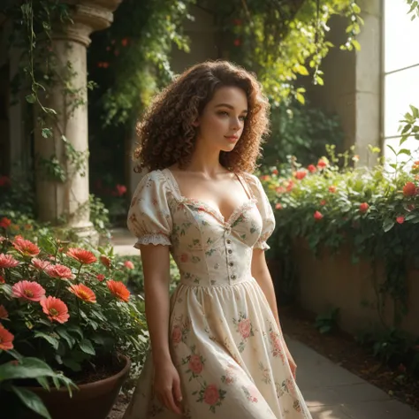 A woman with voluminous curly hair, wearing a floral blouse, standing in front of a blooming garden with bright sunlight filtering through the leaves.
