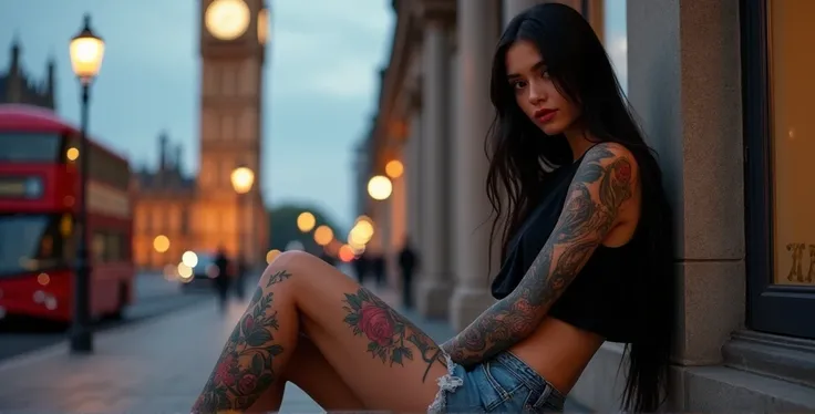 
"Crie uma imagem fotorrealistic de uma mulher tatuada deitada de forma descontraída,  but with the entire body visible .  She has long dark hair ,  fair skin and colorful tattoos and drawn on your arms ,  thighs and sides of the trunk .  She wears a black...