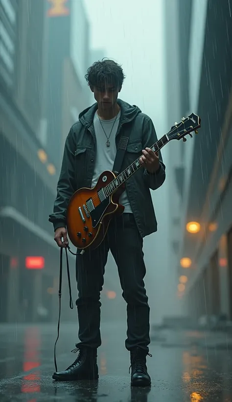 Young man in the rain, holding a guitar. blurry face. science fiction setting.