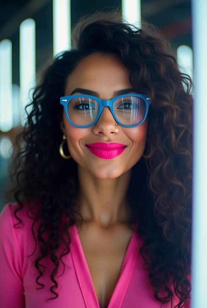 " A woman with long, dark curly hair ,  wearing blue-framed glasses and bright pink lipstick .  She smiles subtly in an indoor environment with bright lights in the background,  framing that creates a vertical beam of light in the image . Your skin has a l...