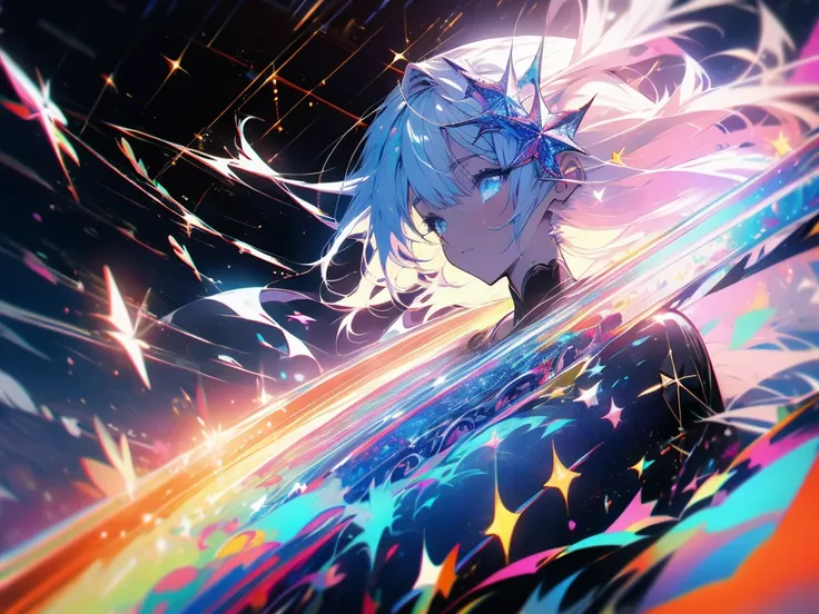 White-haired Anime girl playing piano under starry sky, sparkling sculptures , detailed pieces , captivating 