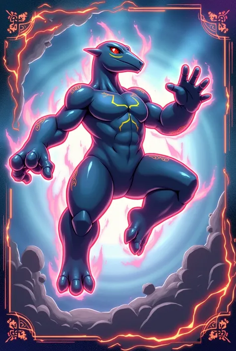 A dynamic Pokémon card illustration with a character seemingly leaping out of the card, vivid and highly detailed, with the Pokémons movements frozen in time, exuding a sense of motion and power. The character appears larger than life, breaking the boundar...