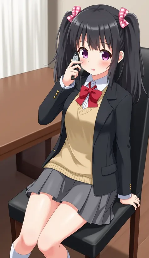  Japanese school uniform consisting of a black blazer, beige sweater,  white shirt with red bow , gray skirt,  long white socks and black shoes .  Black hair is tied up in pigtails with bows, a pink one and purple eyes and holding a television remote and c...