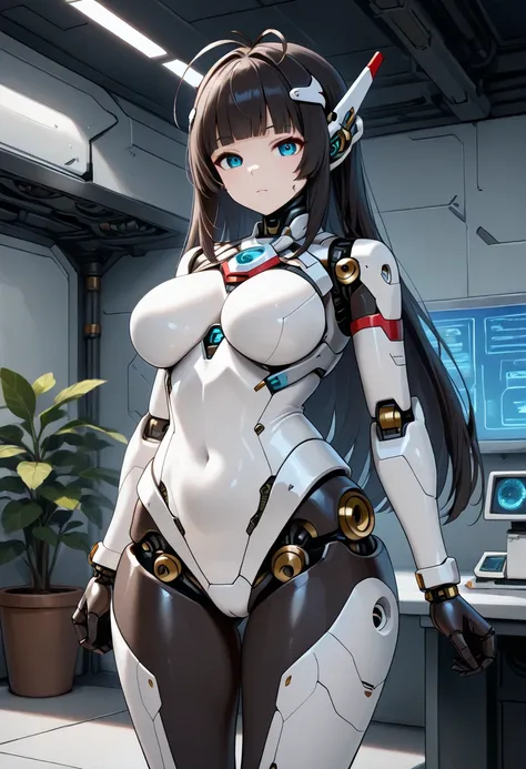 masterpiece, best quality, extremely detailed, (8K, 4K, Best Quality, hight resolution, 超A high resolution:1.1), ,8k portrait, Japaese android Girl,Plump , dark black leg cover,announcer,control panels,android,Droid,Mechanical Hand, Robot arms and legs, Bl...