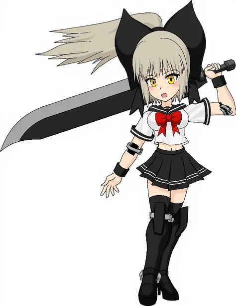  Girl Teen,  big-breasted panties, Holding a Giant Sword , Grayish blonde hair, Short Ponytail , Black Tie Bow ,  yellow eyes,  Black Sailor Suit, White shirt, Short sleeve shirt,  Floating Waistcoat , Red Bow Shirt ,  Black Short Skirt , black pantyhose, ...