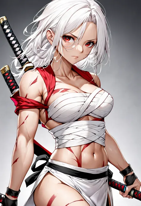 bandage on your chest , warrior, katana, toned body, scar,  white hair, Ojos rojos, woman mature