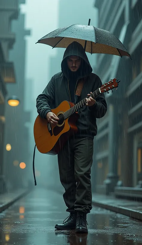 Young man in the rain, holding a guitar. blurry face. science fiction setting.