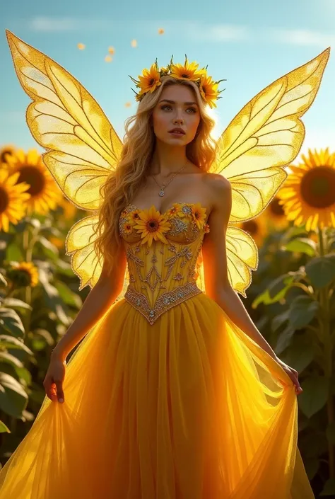  the Sunflower Fairy, a radiant being who captures the essence of summer. Her floor-length intricate gown is crafted from flowing silk and tulle in vibrant shades of golden yellow and amber with matching accessories. The bodice is intricately embroidered w...