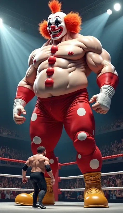 A colossal, muscular, hyper-realistic 4K wrestling clown with exaggerated proportions stands in the center of a wrestling ring, towering over a normal-sized wrestler on the left side. The giant clown has a red and white body, a muscular torso with white pa...