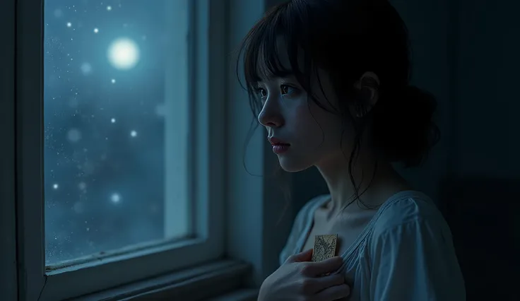 A melancholic, emotional scene depicting a young woman in a dimly lit room. She sits by a window, her face illuminated by the soft glow of moonlight. Tears glisten on her cheeks as she gazes out into the starry night, holding a small, worn photograph close...