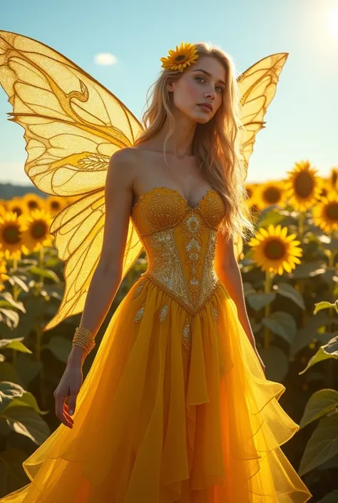  the Sunflower Fairy, a radiant being who captures the essence of summer. Her floor-length intricate gown is crafted from flowing silk and tulle in vibrant shades of golden yellow and amber with matching accessories. The bodice is intricately embroidered w...