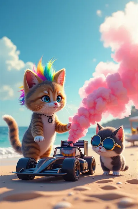 Create a realistic image of Ondina the cunning cat with rainbow hair playing with the smoke machine at a Formula 1 concert on the beach together with Pucciosina the sparrow with pink and white plumage on a blue sky day the beach DJ is Fluffy the cunning ki...