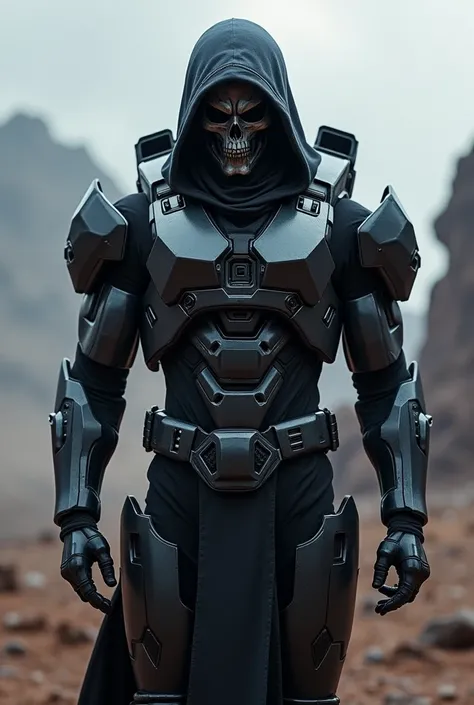 Create a Spartan Halo Space Soldier with Mark VI Mjolnir Powered Assault Armor GEN 3 armor in black with hood and skull with maskwith Ninja style ,Standing and fully visible.

