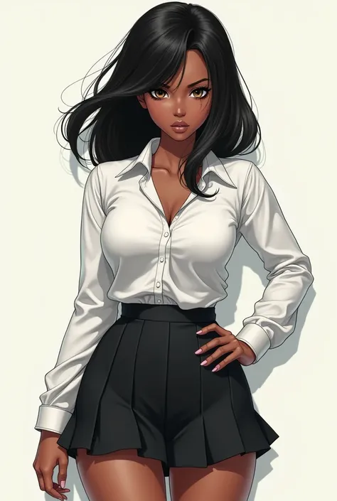  Manga-style character  ,  old, black,  medium length black hair ,  dark eyes,  athletic body with legs  , and attractive breasts  ,  wearing a white dress shirt from high school, wearing a black high school skirt above the knee , Get a shy face 