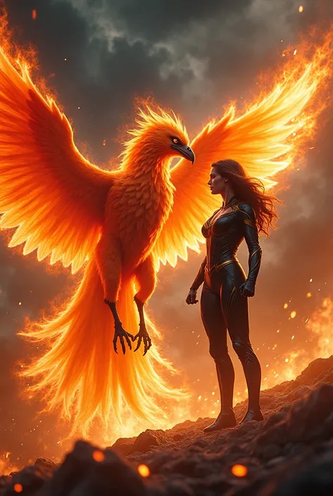 "An ultra-realistic scene of a fierce, fiery phoenix facing off against a determined, strong superhero woman in a dark, stormy environment. The phoenix is surrounded by intense flames, with its wings spread wide, glowing with fiery red and orange tones, an...