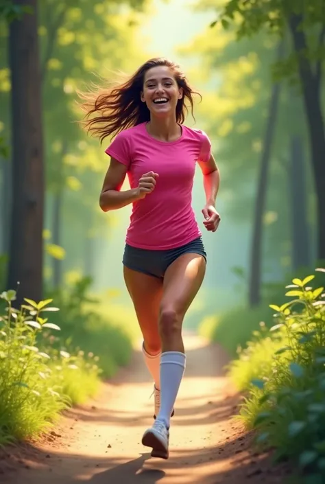 12-something woman running along a forest path, wearing bikini shorts and thigh-high socks, and a bright pink t-shirt, tight, grinning from ear to ear, sunny day