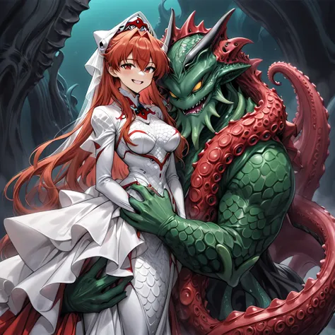 (( top quality)), ((masterpiece)), ( Details), （ perfect face）、The woman of the princess of Dagon is Soryu Asuka Langley, a mermaid wearing a deep-sea evil gods fish scale dress and a veil of tentacles 、 The beautiful bride of the evil god Soryu Asuka Lang...