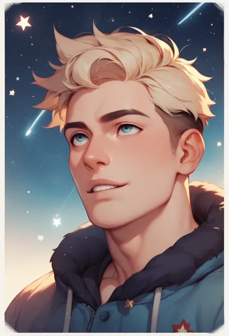 An image of a handsome young boy with blond hair looking up at the starry sky during winter, with shooting stars crossing the skies .