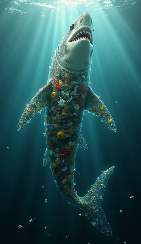 A highly realistic depiction of a shark merged with plastic waste, its body uniquely shaped like a large plastic bottle. The sharks fins and tail incorporate jagged edges of broken plastic, bottle caps, and torn labels, blending with its natural anatomy. T...