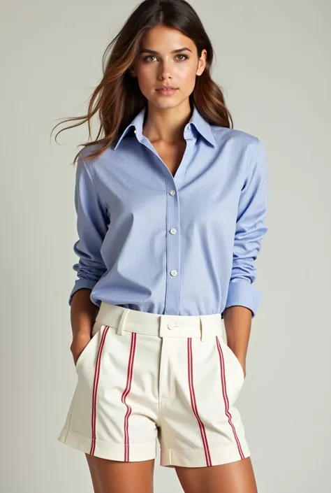 A feminine look with light red stripe shorts and the bottom of the short off white and with several thin vertical light red stripes.  And a dress shirt with a light blue stripe. Keep this image of the blouse but that of the shorts, soften the lines and spr...